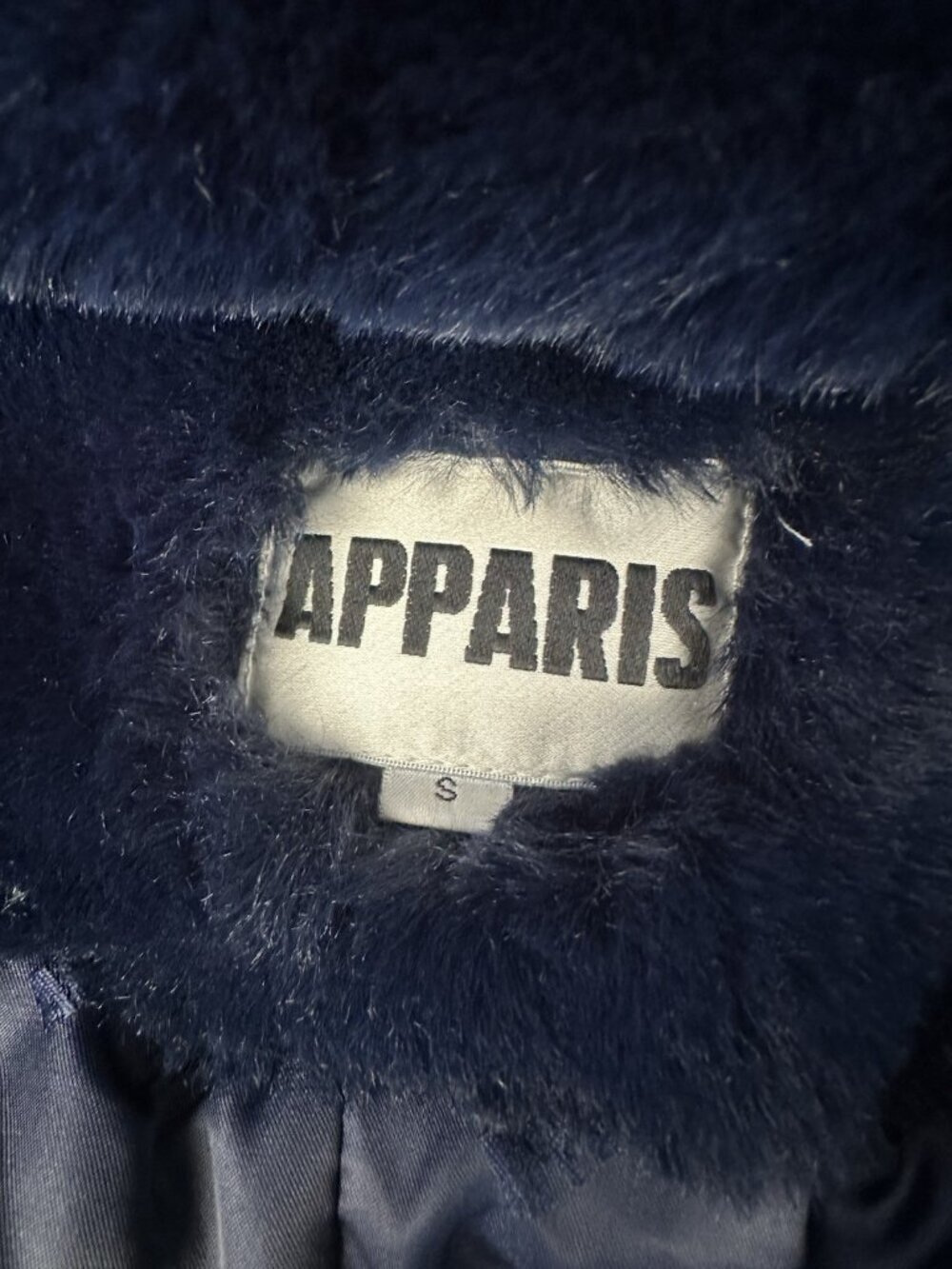 APPARIS Goldie Navy Blue Faux Fur Hooded Coat Jacket Size S Small Plush Winter - Picture 11 of 14